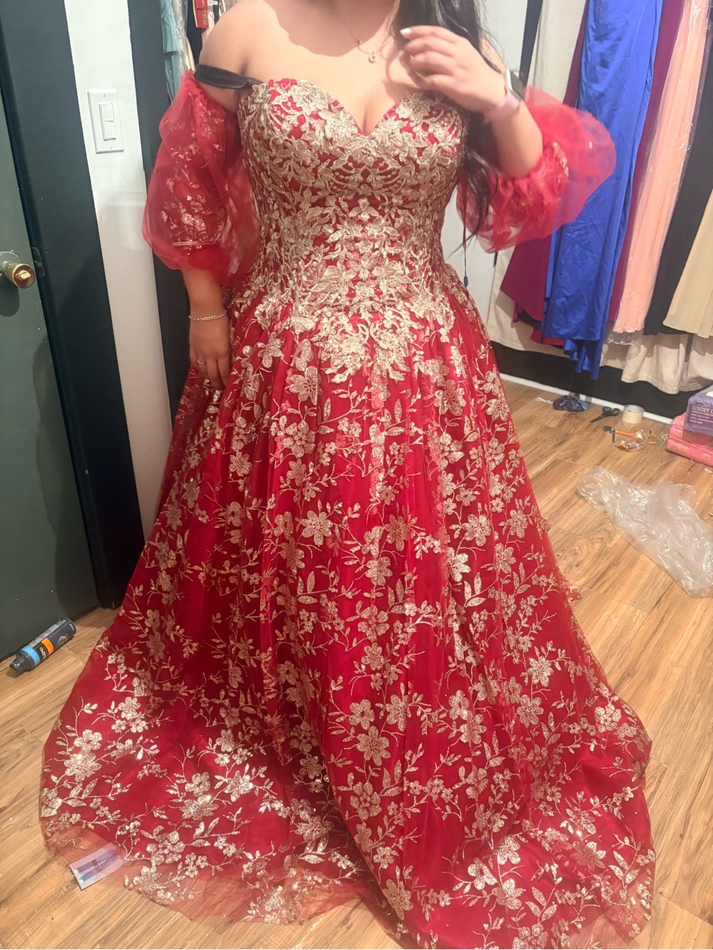 Layla K Off-Shoulder Ball Gown with Gold Embroidery and long train